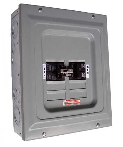 A gray electrical panel with two switches and a circuit breaker.
