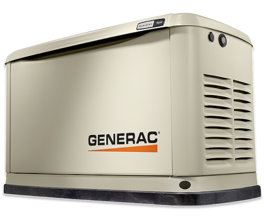 Outdoor standby generator with a beige exterior and "Generac" logo on the side.